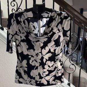 Covington Floral Cowl Neck Blouse - Dark blue and white